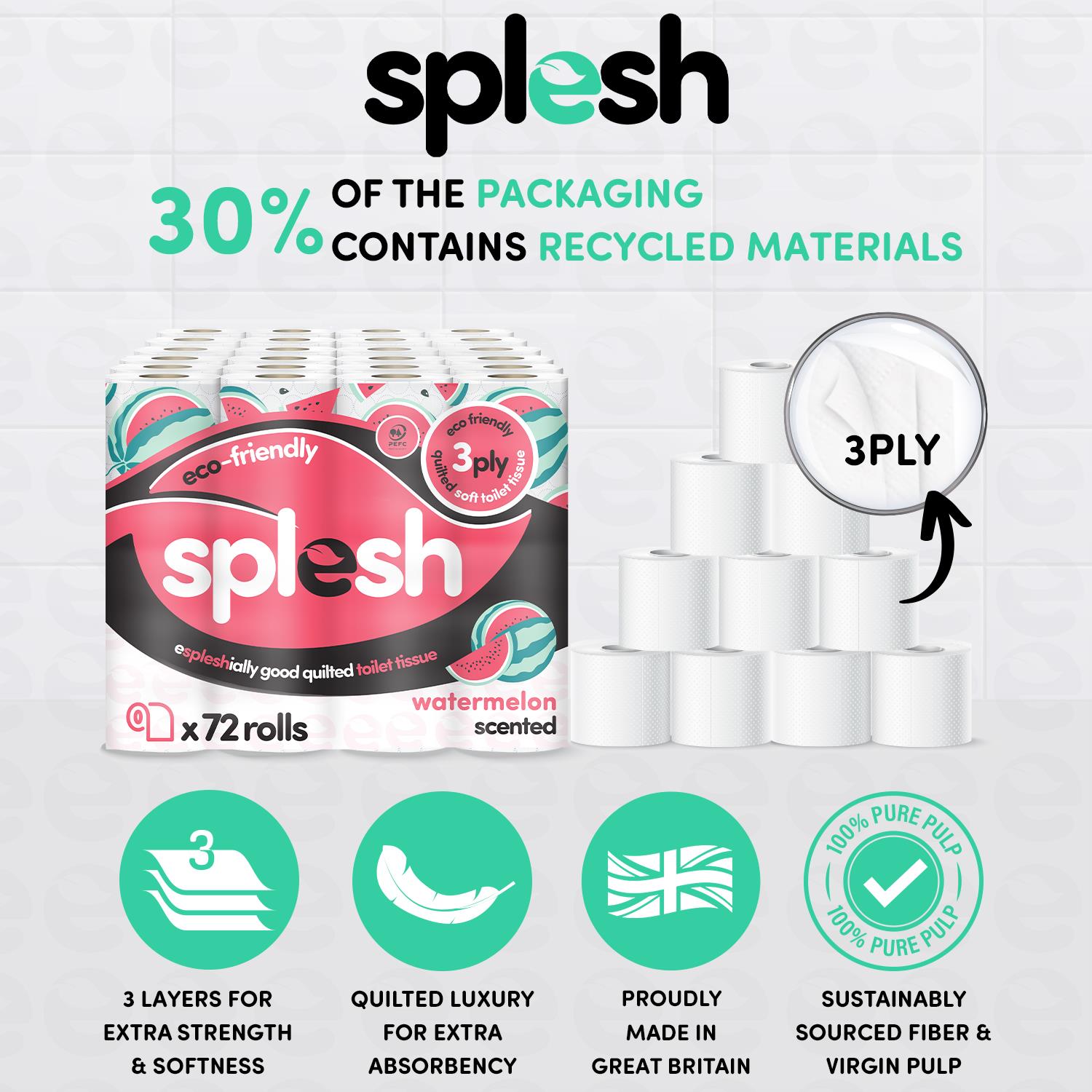 Splesh Quilted Toilet Roll Luxury Watermelon 3-Ply Soft Toilet Paper, 36 Rolls