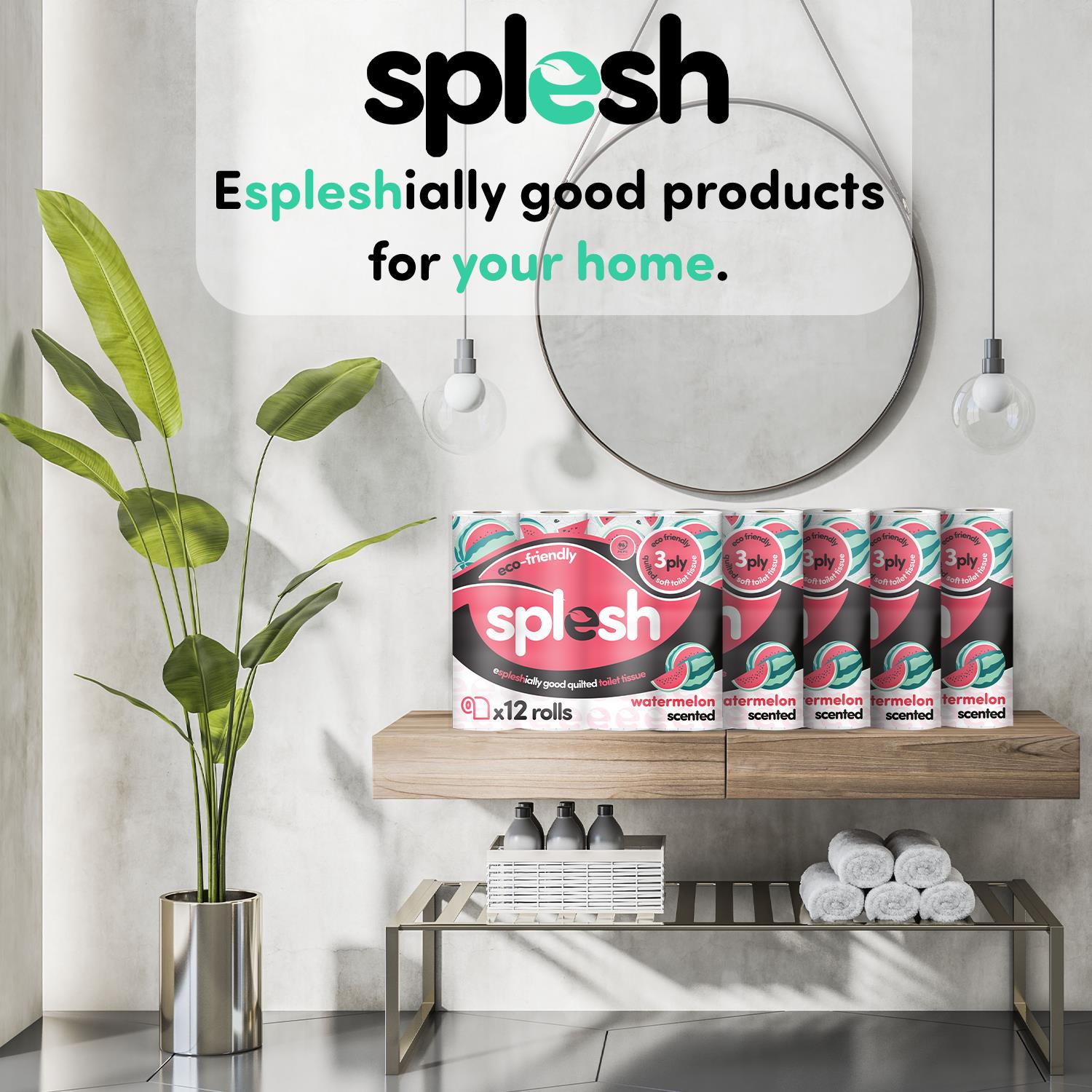 Splesh Quilted Toilet Roll Luxury Watermelon 3-Ply Soft Toilet Paper, 12 Rolls