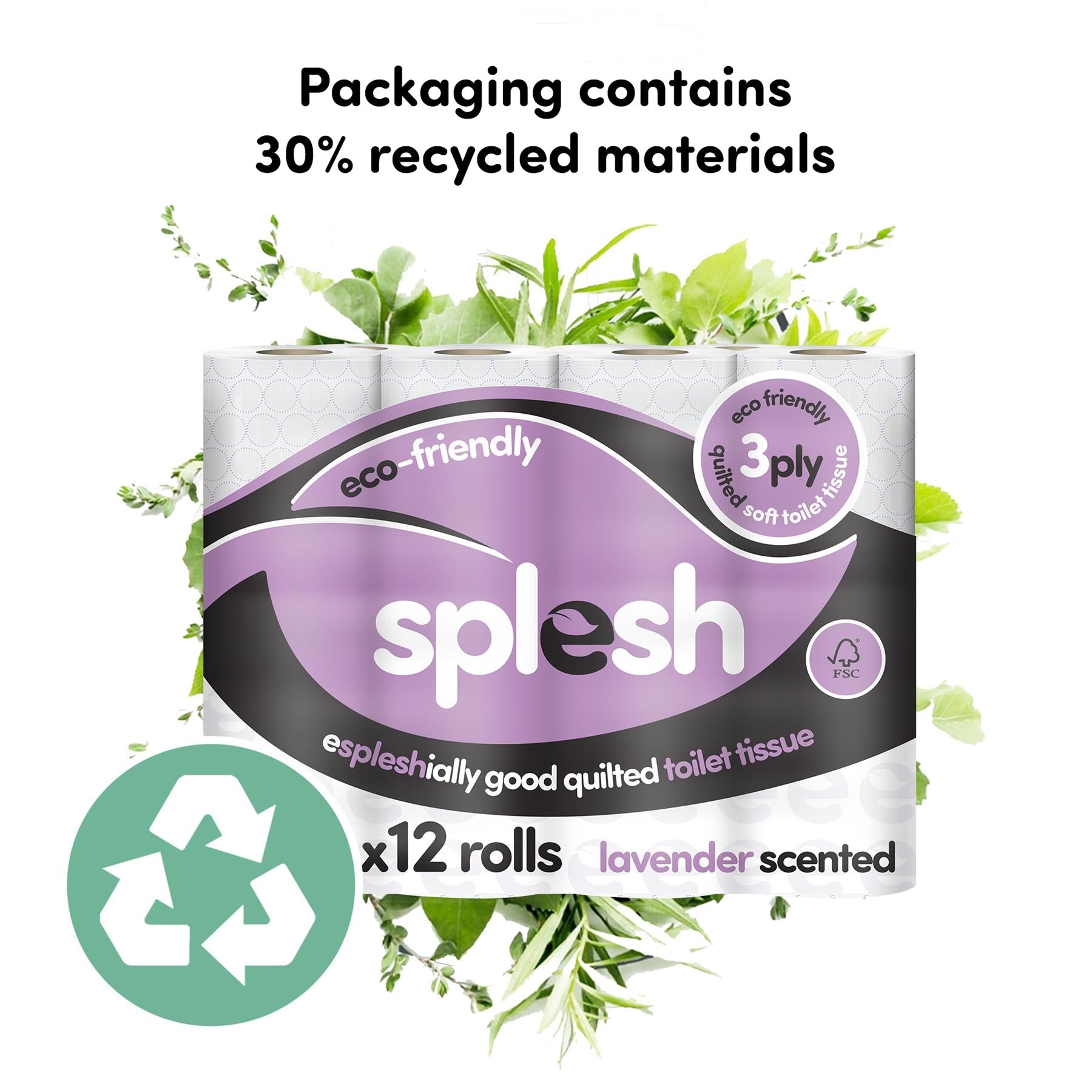 Splesh Toilet Roll Soft & Quilted 3-Ply Lavender Scented Toilet Tissue, 12 Rolls