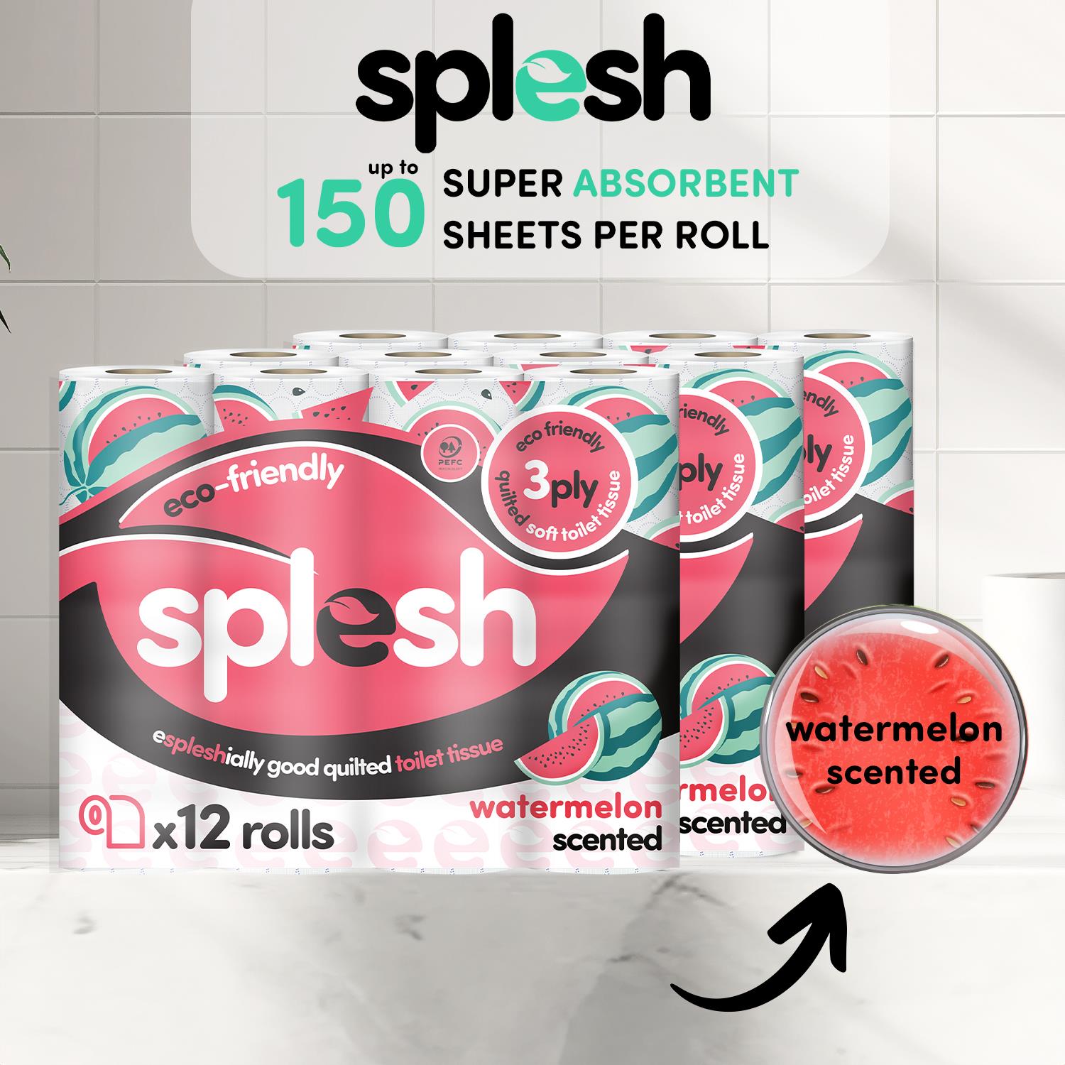 Splesh Quilted Toilet Roll Luxury Watermelon 3-Ply Soft Toilet Paper, 60 Rolls