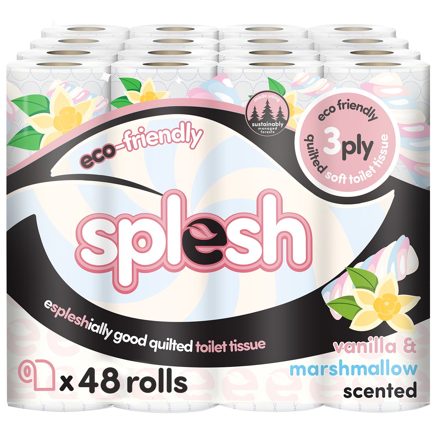 Splesh Quilted Toilet Roll Luxury Vanilla Marshmallow 3-Ply Soft Toilet Paper, 48 Rolls