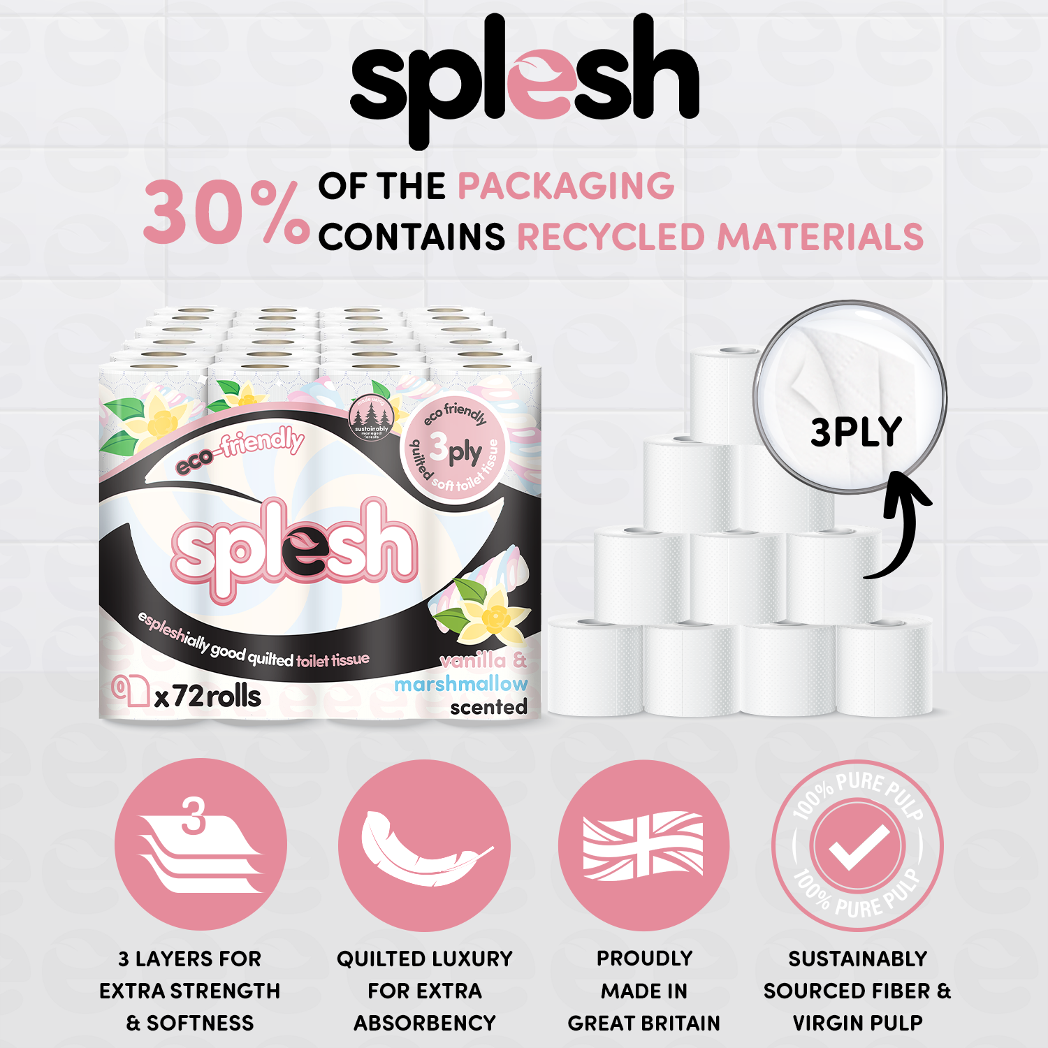 Splesh Quilted Toilet Roll Luxury Vanilla & Marshmallow 3-Ply Soft Toilet Paper, 24 Rolls