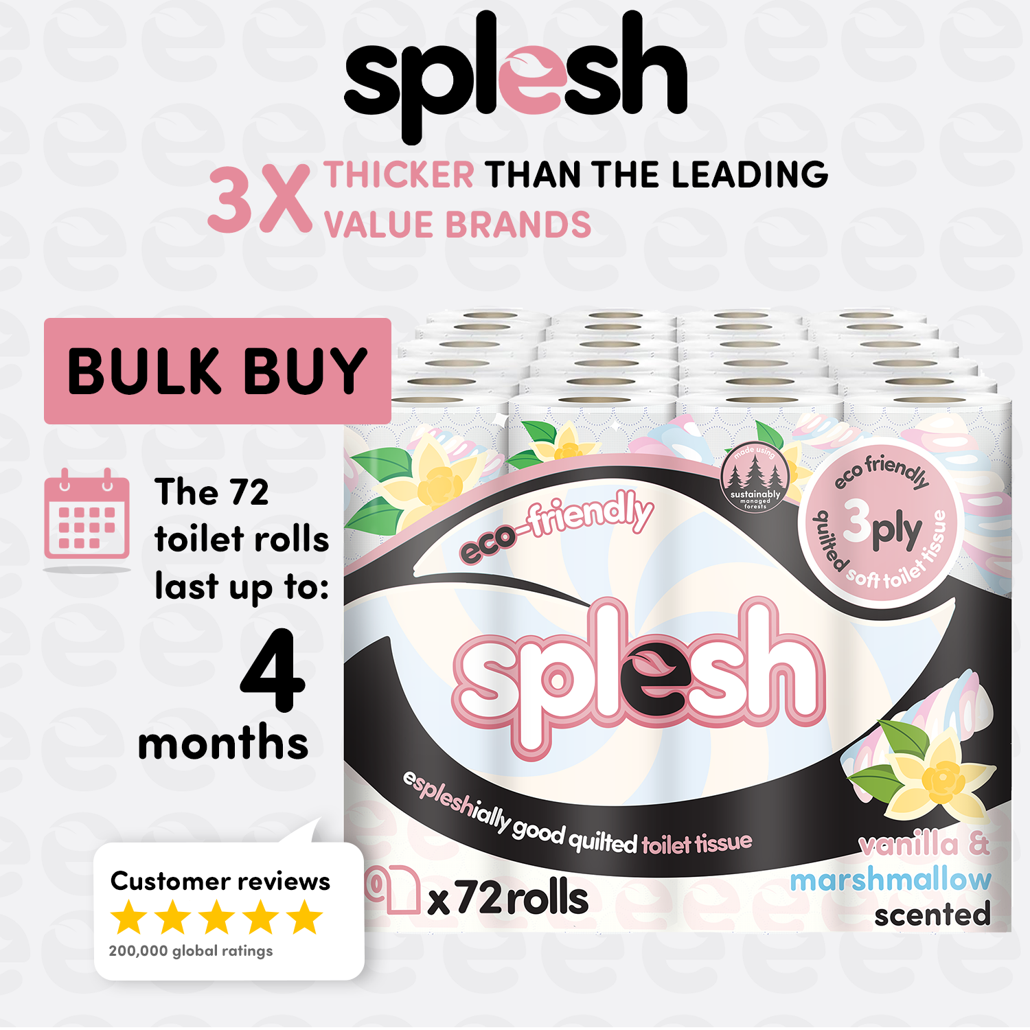 Splesh Quilted Toilet Roll Luxury Vanilla & Marshmallow 3-Ply Soft Toilet Paper, 96 Rolls