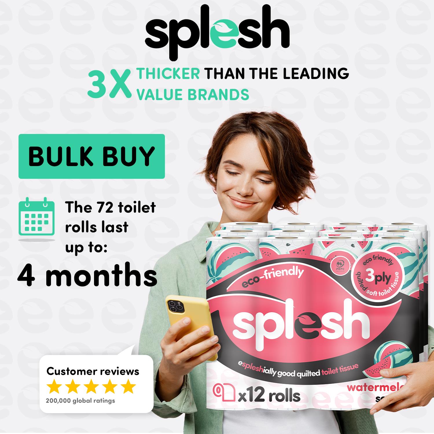 Splesh Quilted Toilet Roll Luxury Watermelon 3-Ply Soft Toilet Paper, 96 Rolls
